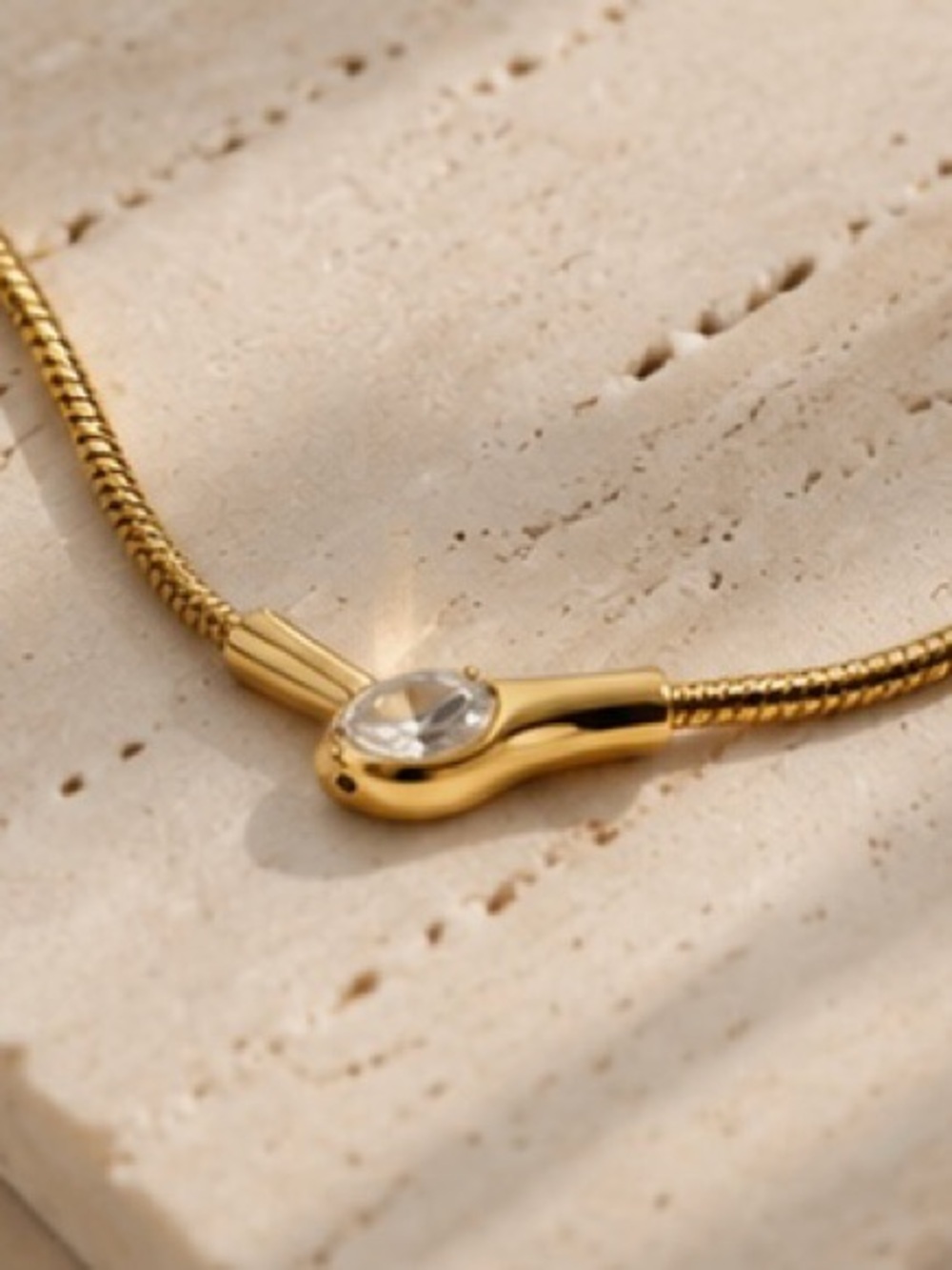 Gold Snake Chain Necklace with Crystal Pendant | Minimalist Gold Necklace |